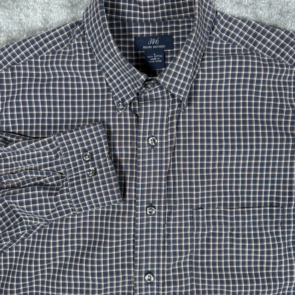 Vintage Brooks Brothers 346 Shirt Men's Large Navy Blue Plaid Long Sleeve‎